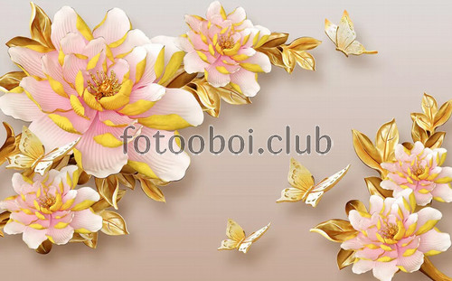 пионы, цветы, бабочки, золото, 3д, 3d