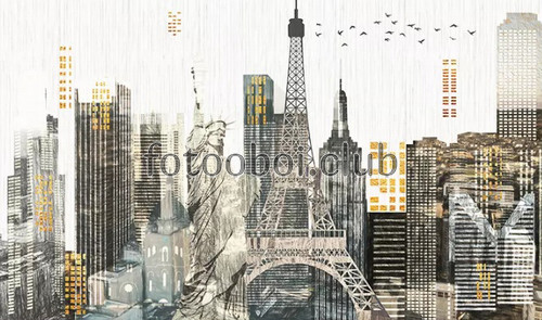 город, акварель, небоскребы